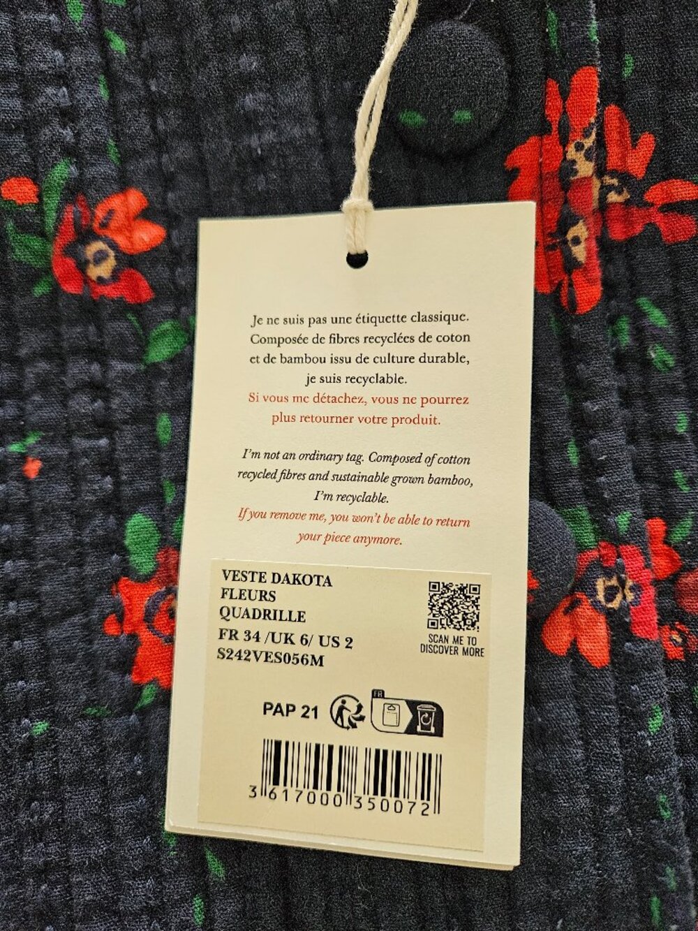 Sezane Dakota Jacket, Floral Check, Cotton NWT Size 2 US - Picture 6 of 12